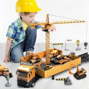 Steel Construction Toy Set, Container Truck Carried 6 Types of Engineering Vehicles (Tractor, Excavator, Crane, Dump Trucks, Cement, Steamroller) Race Track, Toddler Toys