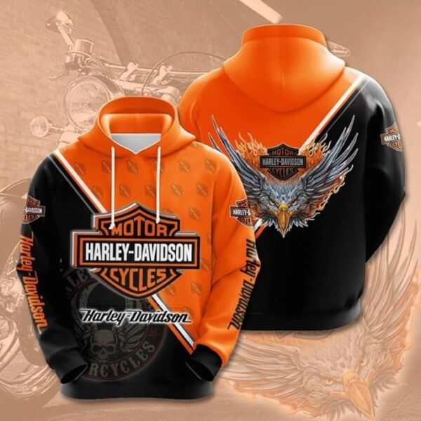 Harley Davidson 3D Motorcycle Hoodie, Size L (Orange)